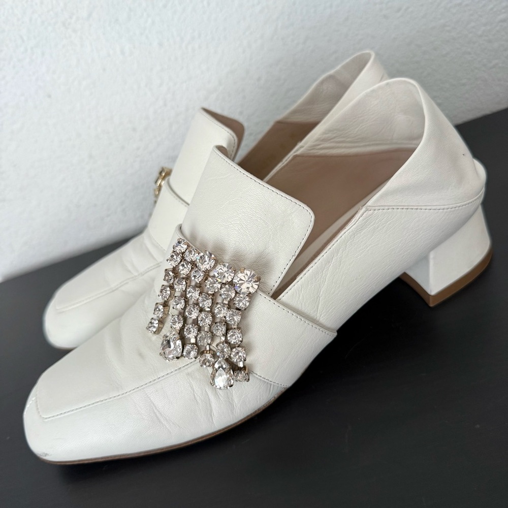 Stuart Weitzman Irises Crystal Embellished Leather Block Heel Loafers